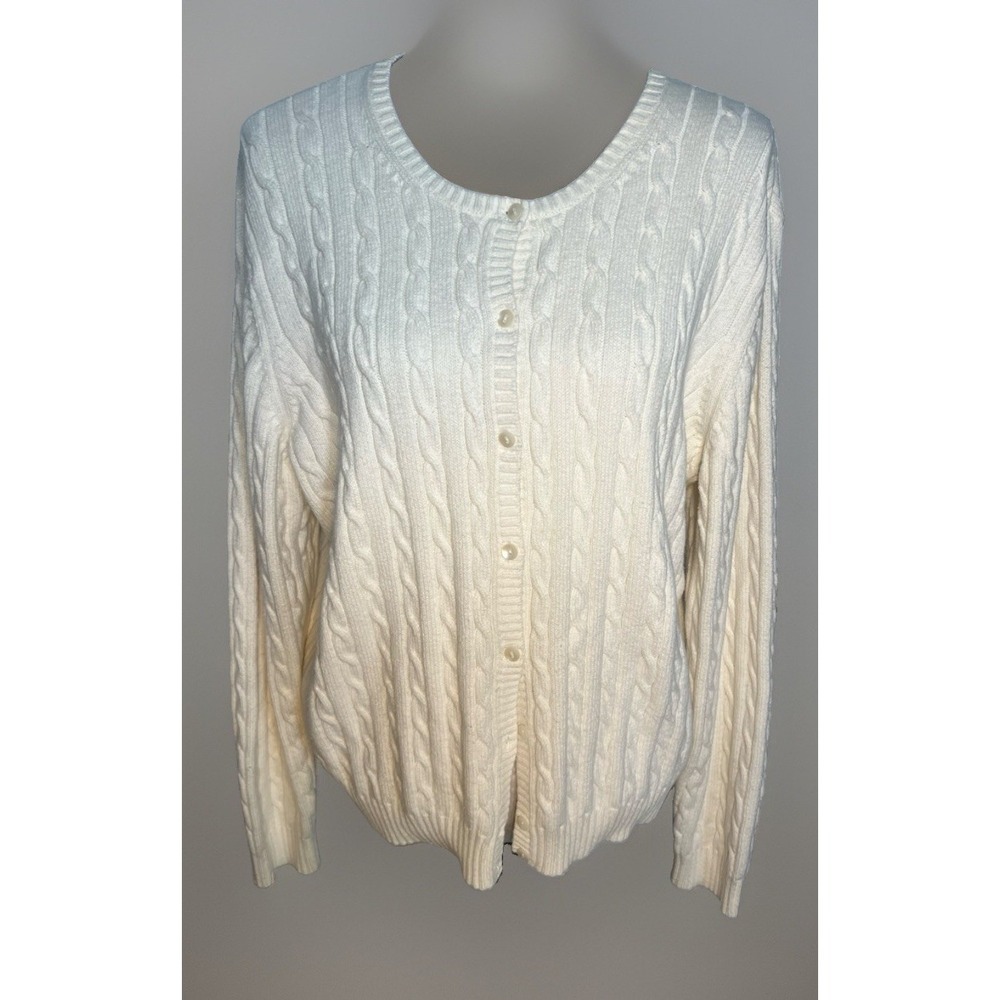 Eddie Bauer Stretch Ivory Cableknit Chunky Button Front Cardigan Sweater XL
